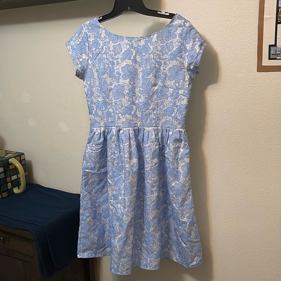 eShakti women's white silver & blue flower dress, Sz 10 pockets, jacquard, NWOT - Picture 8 of 12